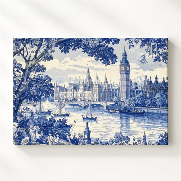 Blue & White Thames Toile Canvas – Classic London Landscape Art - Gifitto