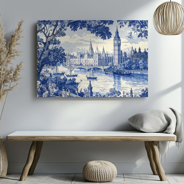 Blue & White Thames Toile Canvas – Classic London Landscape Art - Gifitto