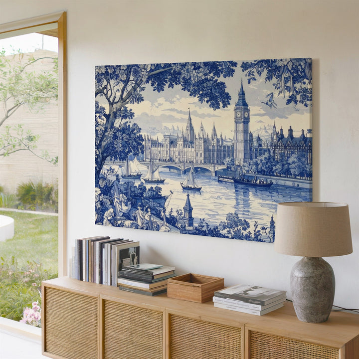 Blue & White Thames Toile Canvas – Classic London Landscape Art - Gifitto