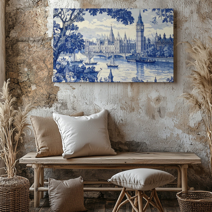 Blue & White Thames Toile Canvas – Classic London Landscape Art - Gifitto