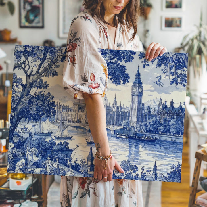 Blue & White Thames Toile Canvas – Classic London Landscape Art - Gifitto