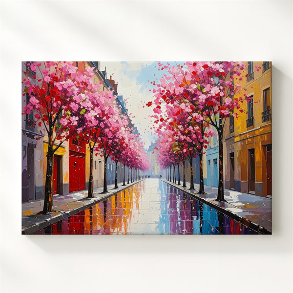 Spring Blossom Street Canvas – Romantic European Avenue with Pink Trees - Gifitto