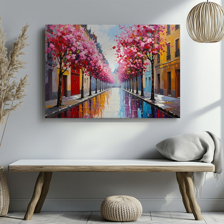 Spring Blossom Street Canvas – Romantic European Avenue with Pink Trees - Gifitto