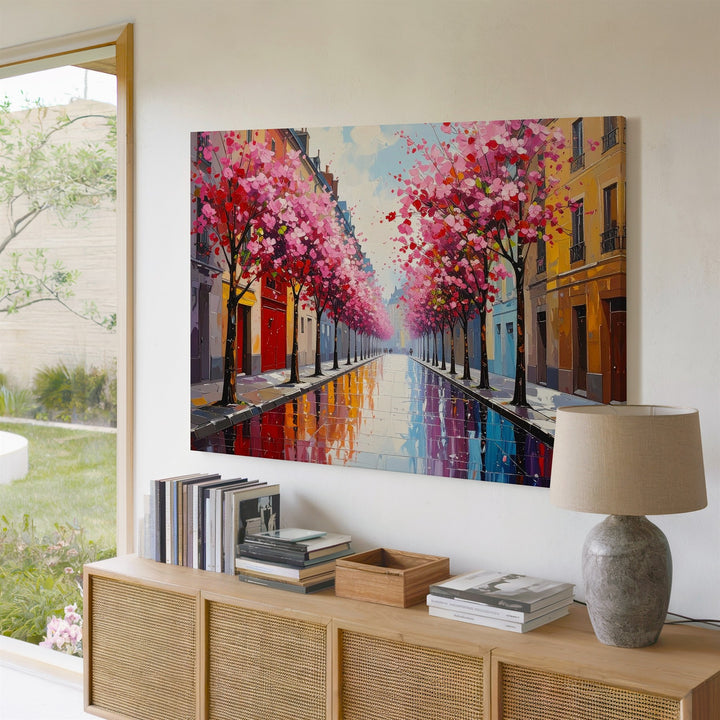 Spring Blossom Street Canvas – Romantic European Avenue with Pink Trees - Gifitto