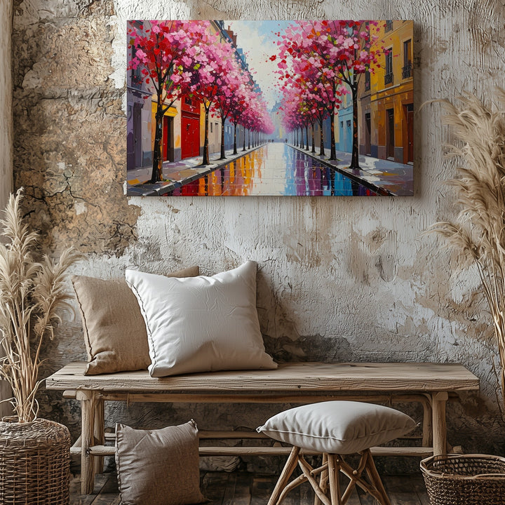 Spring Blossom Street Canvas – Romantic European Avenue with Pink Trees - Gifitto