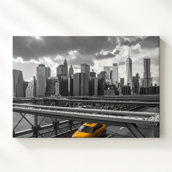 Noir Manhattan Canvas – Grayscale Cityscape with Yellow Taxi Art - Gifitto