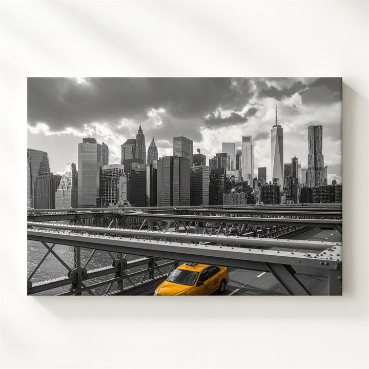 Noir Manhattan Canvas – Grayscale Cityscape with Yellow Taxi Art - Gifitto