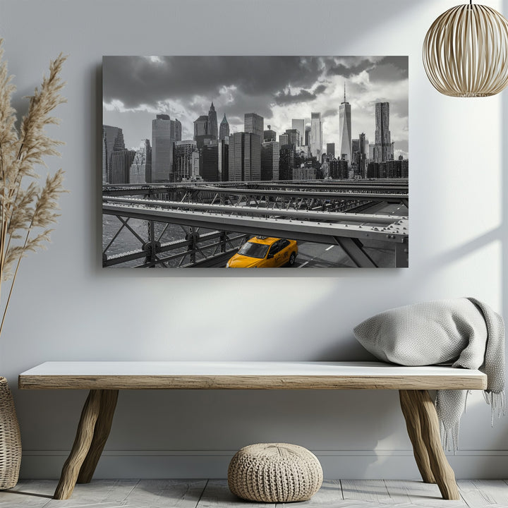 Noir Manhattan Canvas – Grayscale Cityscape with Yellow Taxi Art - Gifitto