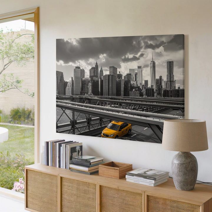 Noir Manhattan Canvas – Grayscale Cityscape with Yellow Taxi Art - Gifitto