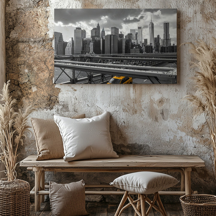 Noir Manhattan Canvas – Grayscale Cityscape with Yellow Taxi Art - Gifitto