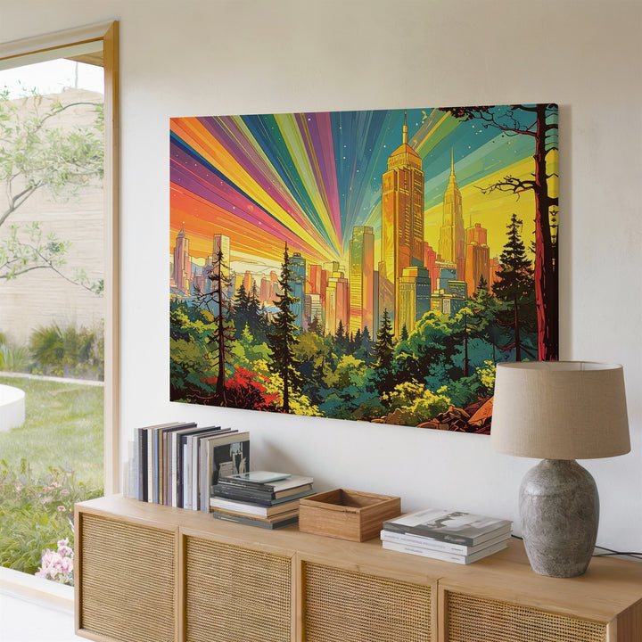 Psychedelic Retro Cityscape Canvas – Whimsical Fantasy Urban Art - Gifitto