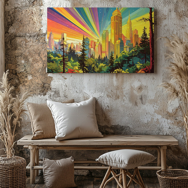 Psychedelic Retro Cityscape Canvas – Whimsical Fantasy Urban Art - Gifitto