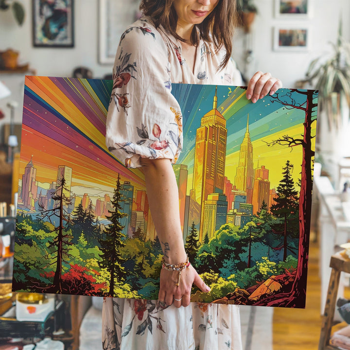 Psychedelic Retro Cityscape Canvas – Whimsical Fantasy Urban Art - Gifitto