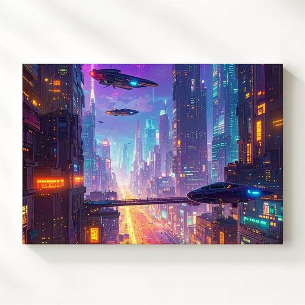 Neon Cyberpunk City Canvas – Futuristic Sci-Fi Urban Nightscape Art - Gifitto