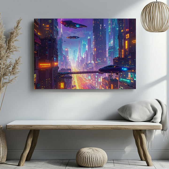 Neon Cyberpunk City Canvas – Futuristic Sci-Fi Urban Nightscape Art - Gifitto