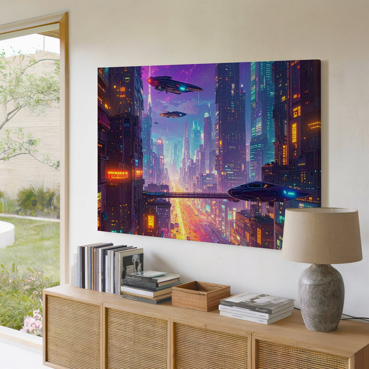 Neon Cyberpunk City Canvas – Futuristic Sci-Fi Urban Nightscape Art - Gifitto