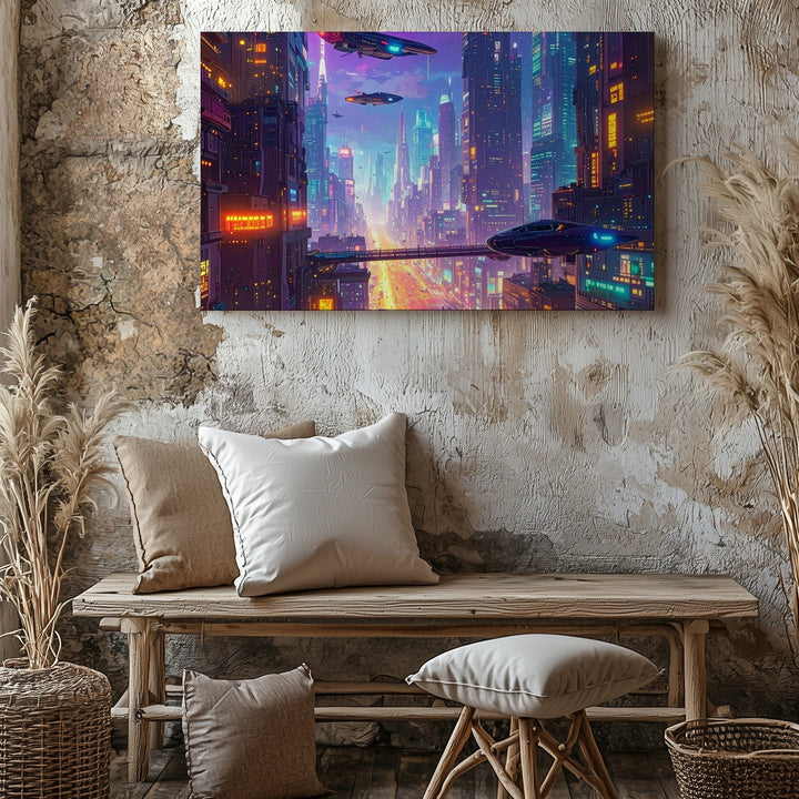 Neon Cyberpunk City Canvas – Futuristic Sci-Fi Urban Nightscape Art - Gifitto