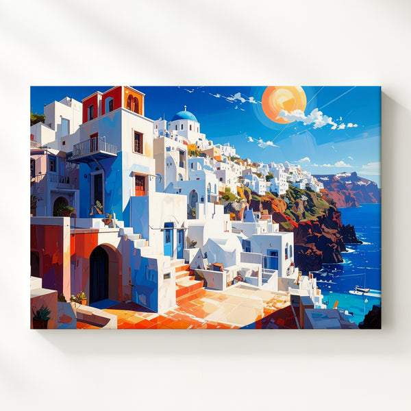 Vibrant Mediterranean Town Canvas – Bold Greek Island Coastal Art - Gifitto