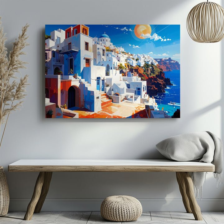 Vibrant Mediterranean Town Canvas – Bold Greek Island Coastal Art - Gifitto