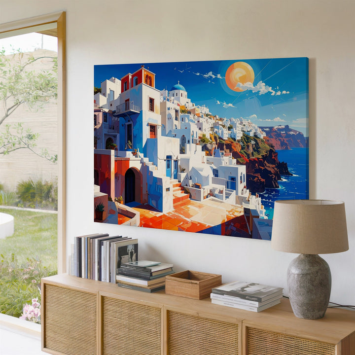 Vibrant Mediterranean Town Canvas – Bold Greek Island Coastal Art - Gifitto