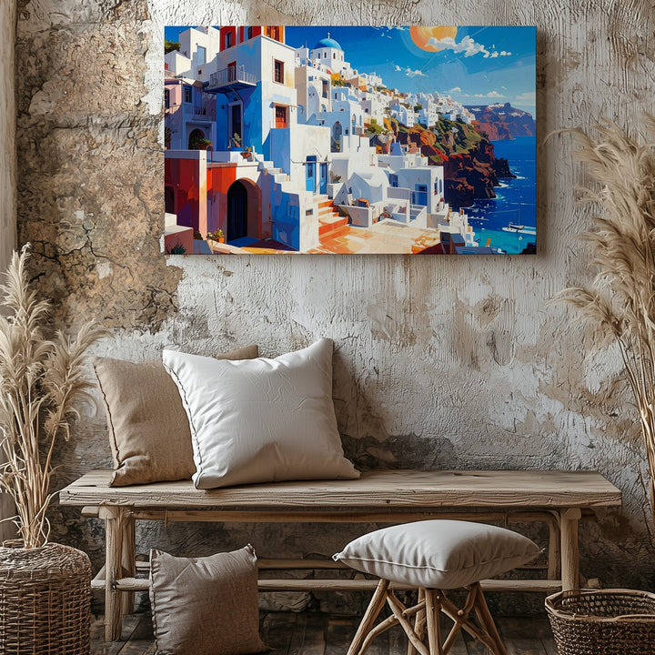 Vibrant Mediterranean Town Canvas – Bold Greek Island Coastal Art - Gifitto