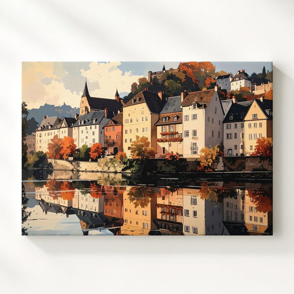 Sunset River Reflection Canvas – Cozy European Village Wall Art - Gifitto