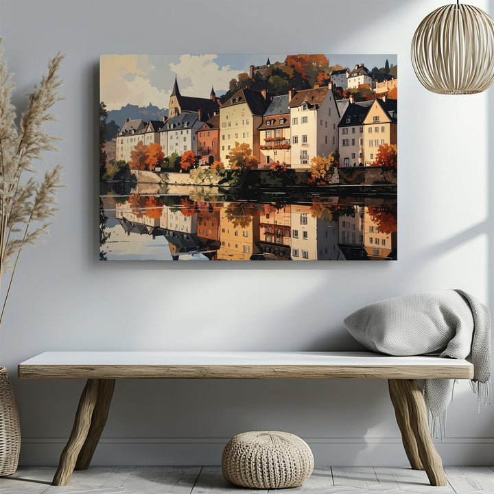 Sunset River Reflection Canvas – Cozy European Village Wall Art - Gifitto