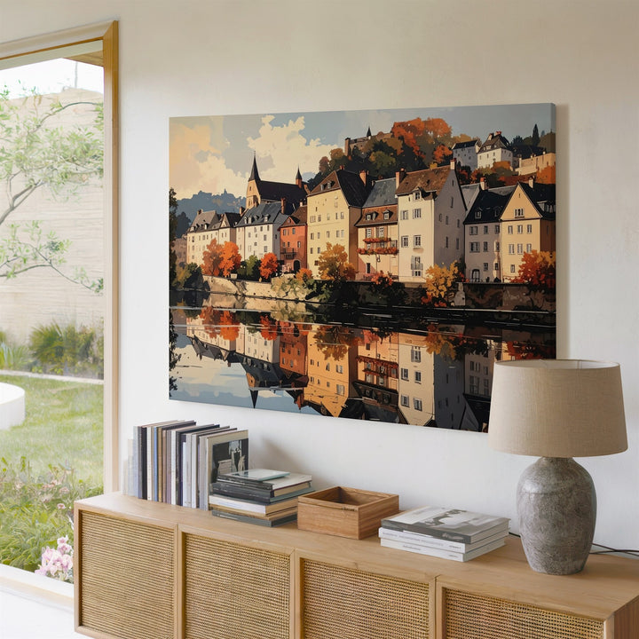 Sunset River Reflection Canvas – Cozy European Village Wall Art - Gifitto
