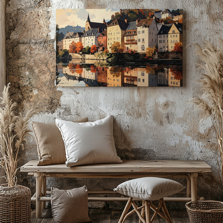 Sunset River Reflection Canvas – Cozy European Village Wall Art - Gifitto