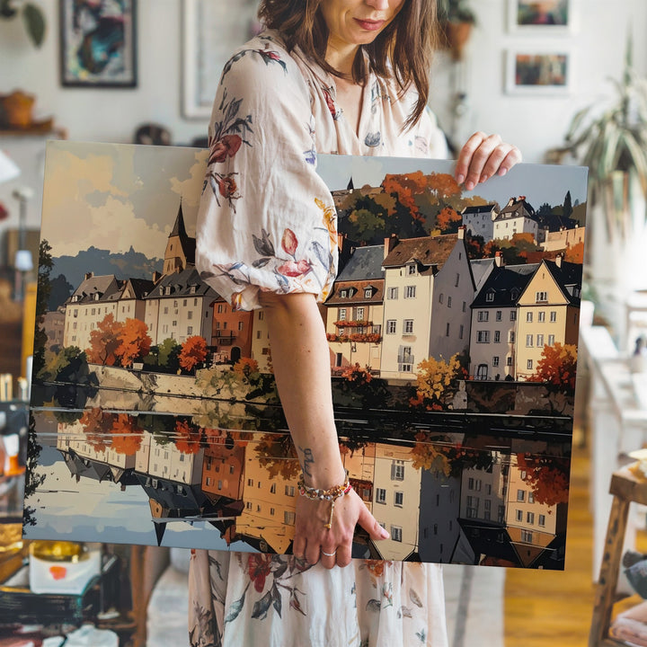 Sunset River Reflection Canvas – Cozy European Village Wall Art - Gifitto