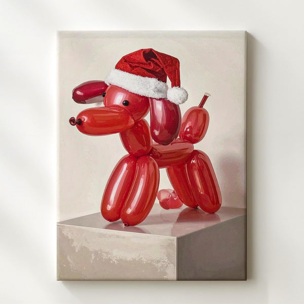 Red Balloon Dog with Santa Hat Canvas – Playful Modern Christmas Wall Art - Gifitto