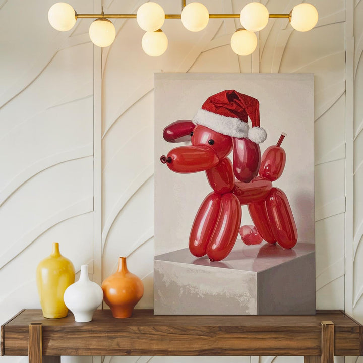 Red Balloon Dog with Santa Hat Canvas – Playful Modern Christmas Wall Art - Gifitto