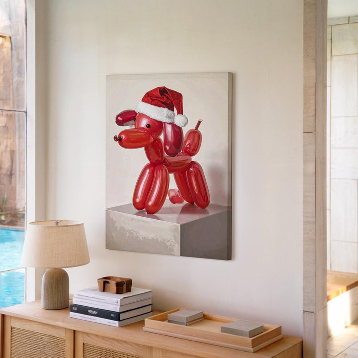 Red Balloon Dog with Santa Hat Canvas – Playful Modern Christmas Wall Art - Gifitto