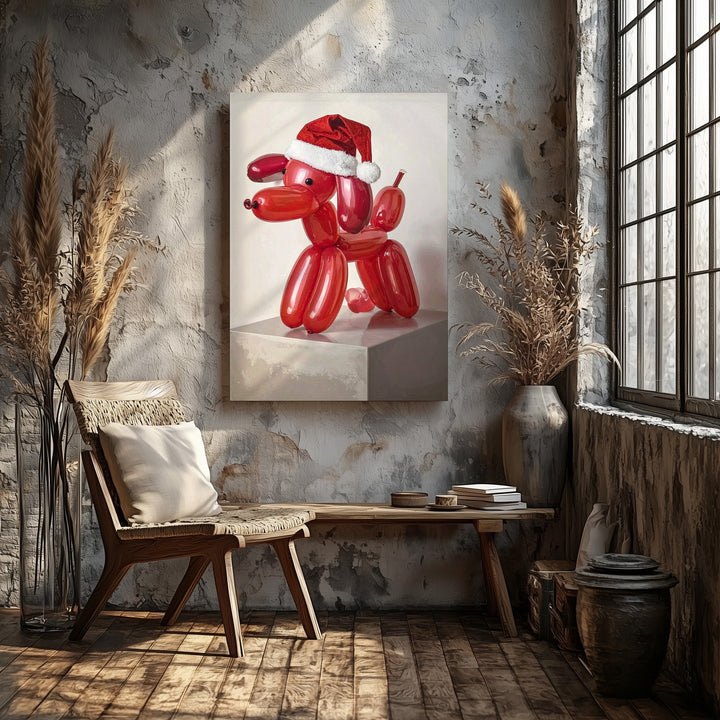 Red Balloon Dog with Santa Hat Canvas – Playful Modern Christmas Wall Art - Gifitto