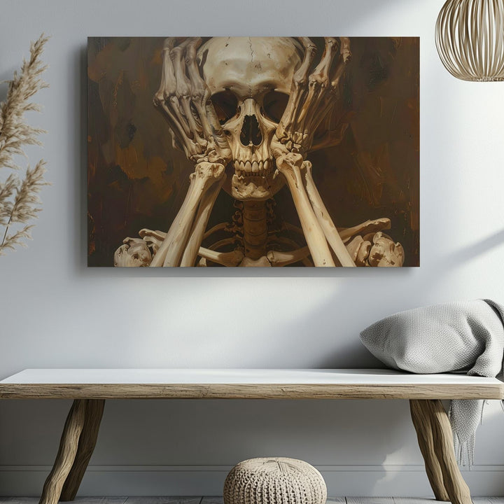 Existential Skeleton Canvas – Ochre Bones in Theatrical Despair - Gifitto