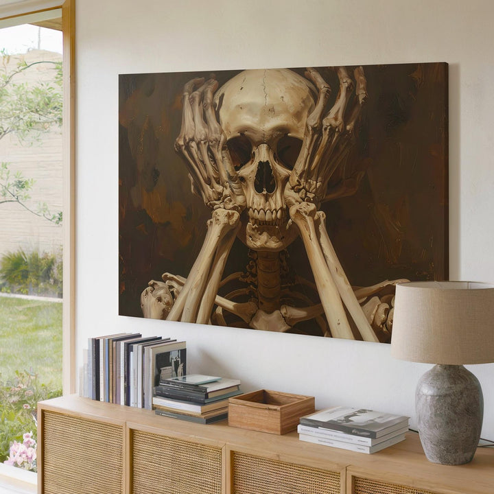 Existential Skeleton Canvas – Ochre Bones in Theatrical Despair - Gifitto