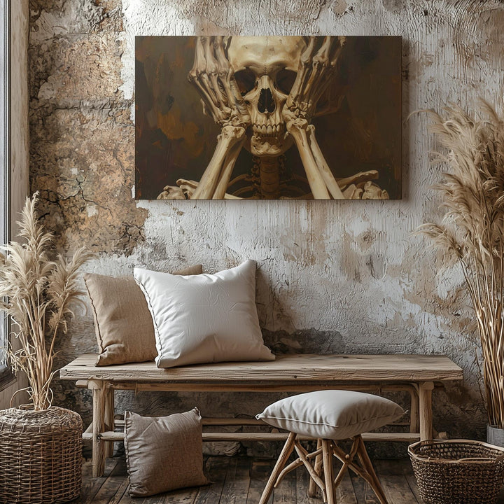 Existential Skeleton Canvas – Ochre Bones in Theatrical Despair - Gifitto
