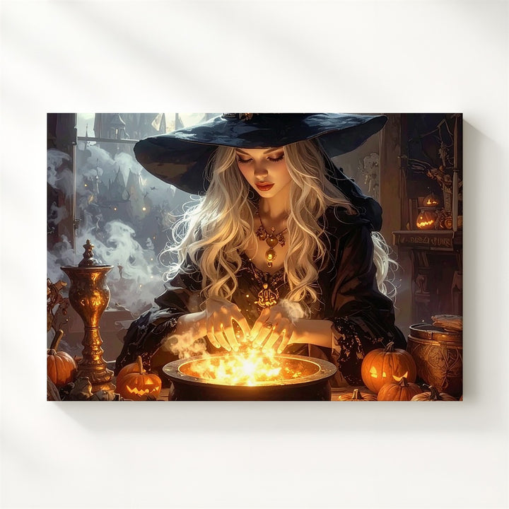 Enchanted Witch & Golden Orb Canvas – Mystical Halloween Ritual Art - Gifitto