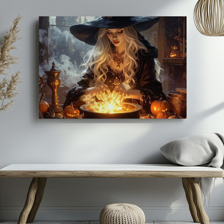 Enchanted Witch & Golden Orb Canvas – Mystical Halloween Ritual Art - Gifitto