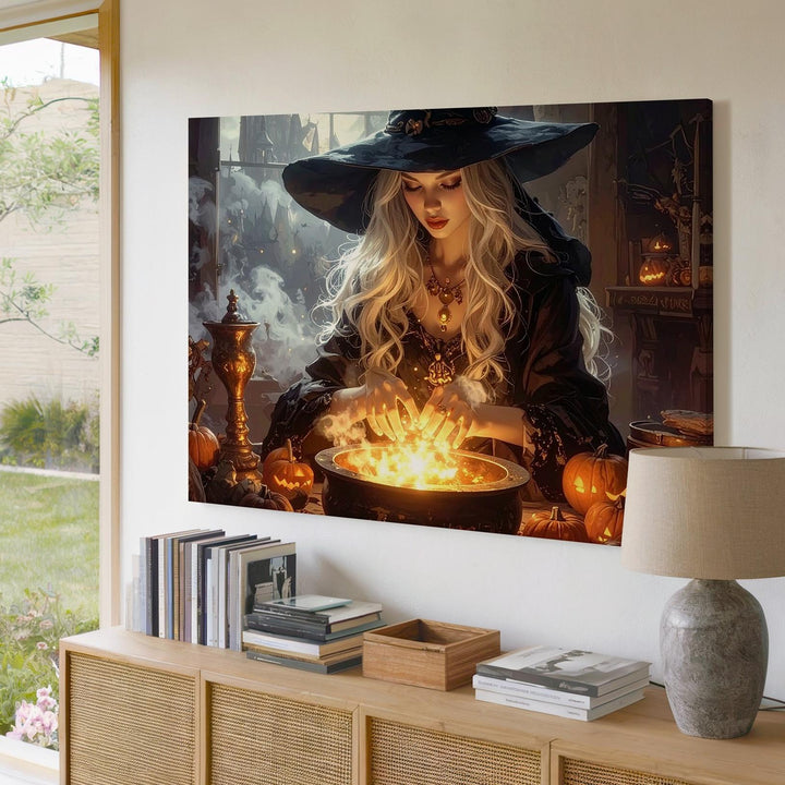 Enchanted Witch & Golden Orb Canvas – Mystical Halloween Ritual Art - Gifitto