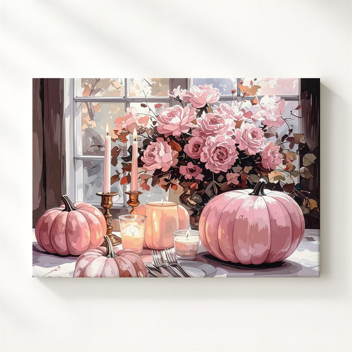 Elegant Blush Pumpkin Tablescape Canvas – Romantic Halloween Décor Art - Gifitto