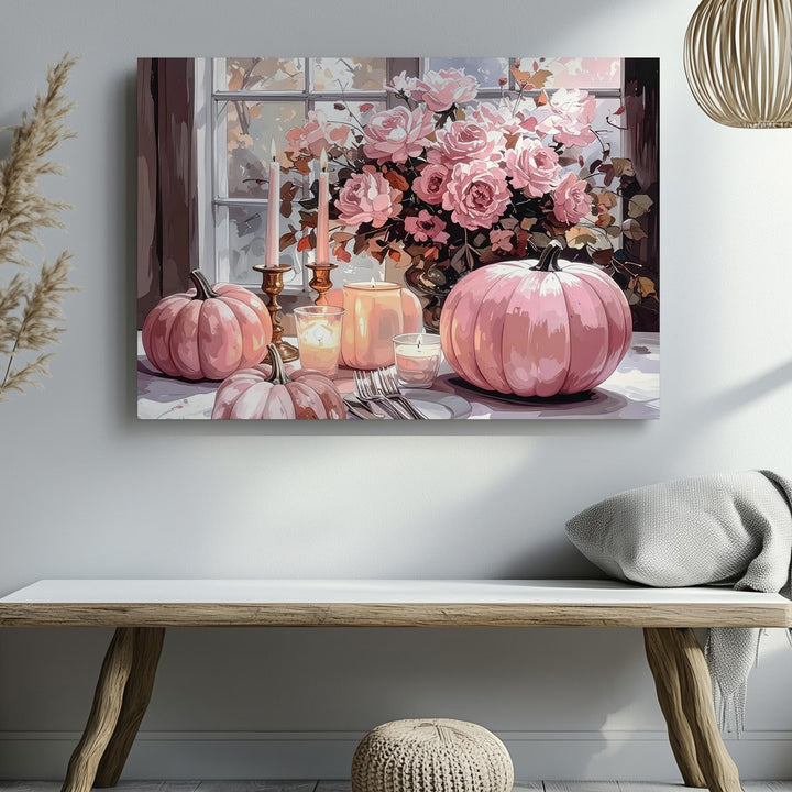 Elegant Blush Pumpkin Tablescape Canvas – Romantic Halloween Décor Art - Gifitto