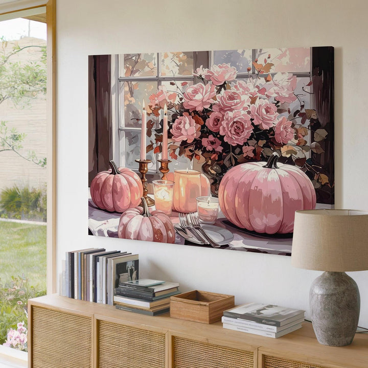 Elegant Blush Pumpkin Tablescape Canvas – Romantic Halloween Décor Art - Gifitto