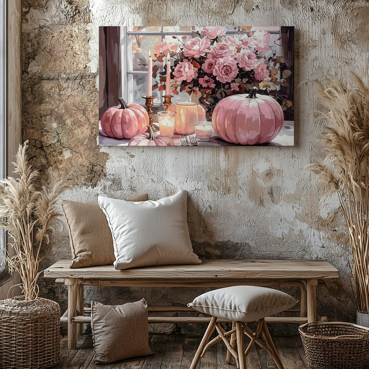 Elegant Blush Pumpkin Tablescape Canvas – Romantic Halloween Décor Art - Gifitto
