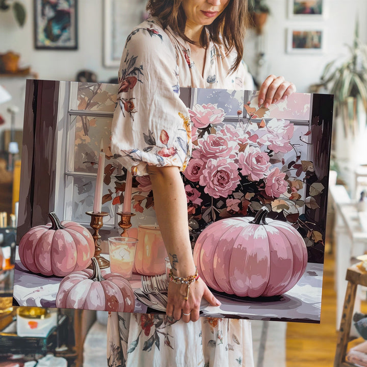 Elegant Blush Pumpkin Tablescape Canvas – Romantic Halloween Décor Art - Gifitto