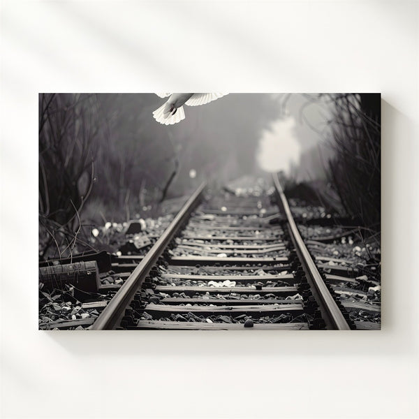 Fogbound Railway & Dove Canvas – Black-and-White Spiritual Journey Art - Gifitto