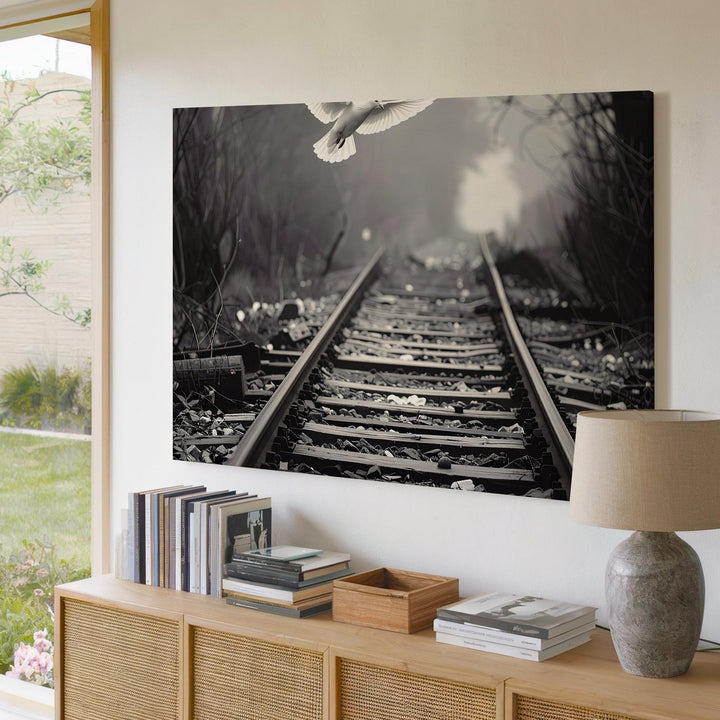 Fogbound Railway & Dove Canvas – Black-and-White Spiritual Journey Art - Gifitto