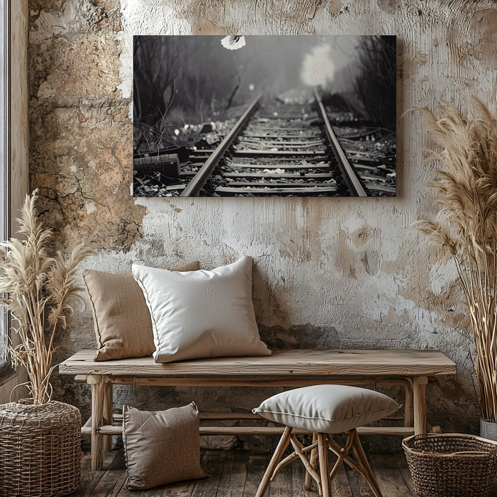 Fogbound Railway & Dove Canvas – Black-and-White Spiritual Journey Art - Gifitto