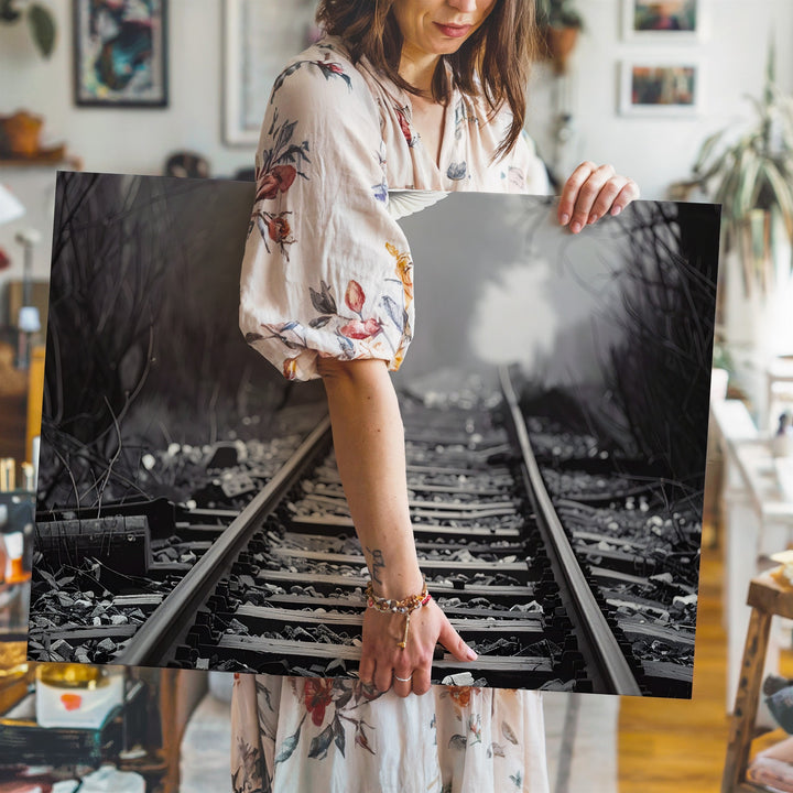 Fogbound Railway & Dove Canvas – Black-and-White Spiritual Journey Art - Gifitto