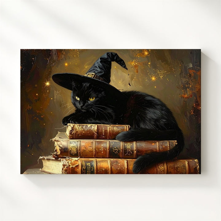 Witch Hat Cat on Spellbooks Canvas – Magical Halloween Familiar Wall Art - Gifitto
